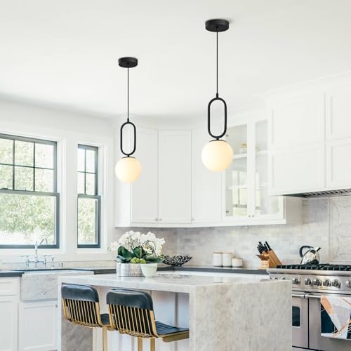 Image of Modern Black Pendant Lights Mid Century White Glass Hanging Light Fixture Retro Industrial Pendant Lamp Vintage Pendant Light for Kitchen Living Dining Room
