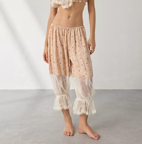 Image of KOSUSANILL Women Long Bloomer Pants Lace Trim Ruffle Pantaloons Cropped Lounge Pajama Bottoms Y2K Capri Pettipants