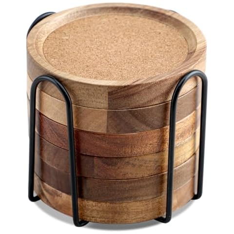Wood Coasters for Drinks Absorbent with Holder, Acacia Wood Cork Coaster Rustic Coasters for Coffee Table Dining Table Wooden Table Coasters for Farmhouse Desk, Set of 6 Cover