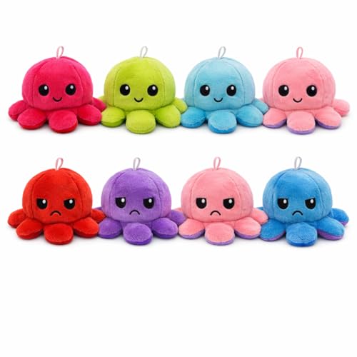 USTASS Pack de 4 Multicolore - Peluche Pieuvre Réversible 10 cm - Double Face Humeur Heureuse et Grognon avec Attache - Kawaii
