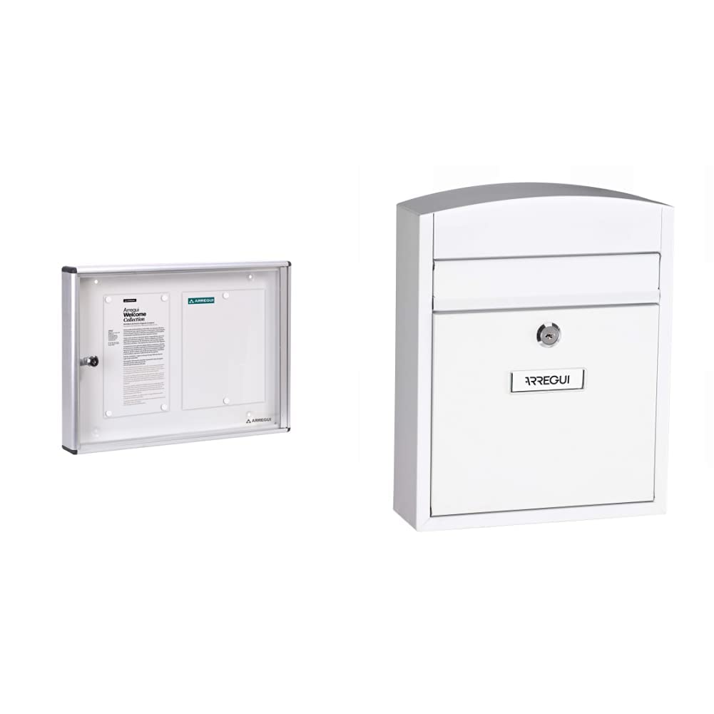 Arregui PAN42 Panel de Anuncios de Aluminio y metacrilato con Capacidad para 2 Hojas DIN A4 & Compact E5731 Buzón Individual de Acero, Blanco, Tamaño S (DIN A5) - 28.5 x 24 x 9.5 cm