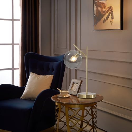 Image of Mid Century Desk Lamp, Glass Globe Table Lamp with Gray Glass lampshade, Gold Modern Bedside Lamps for Bedroom Living Room Study Room