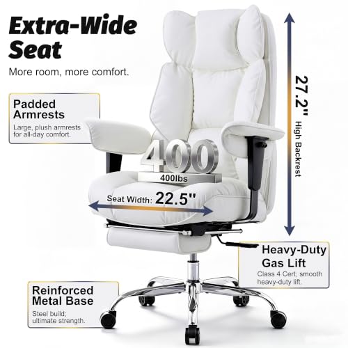 Image of Efomao Executive Office Chair 400lbs,White Big and Tall Desk Chair | Mattress-grade pocket spring cushion, sleek leather, 135 recline & footrest for computer gaming setup.