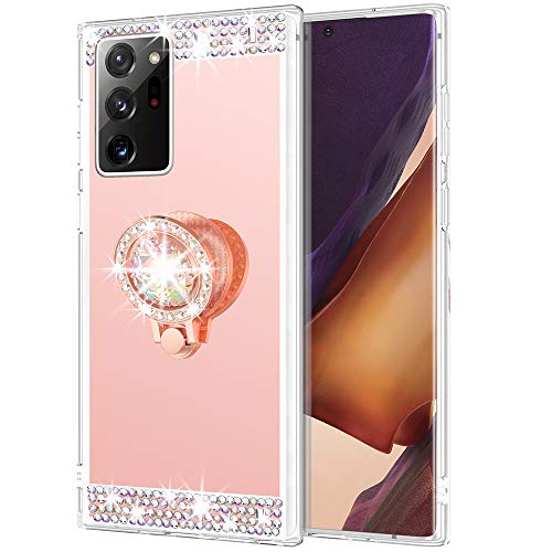 Caka Glitter Case for Galaxy Note 20 Ultra Diamond Case Mirror Bling Rhinestone Crystal Kickstand Holder with Ring for Women Girls Makeup Protective Case for Samsung Galaxy Note 20 Ultra (Rose Gold)
