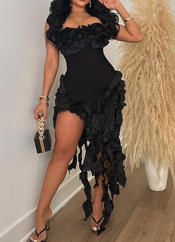 Generic Womens Sexy Off Shoulder Bodycon Ruffle Dress Strapless Trim Irregular Tassel Split Club Night Party Midi Dresses2