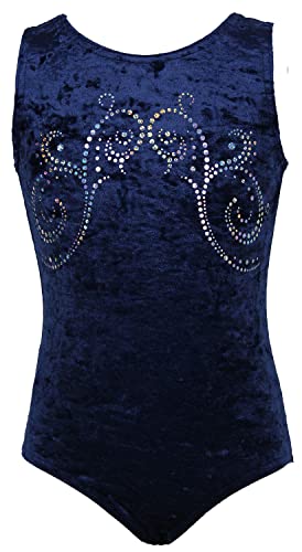 Mädchen Kurzarm Gymnastikanzug aus Stretch Velvet blickdichter Kinder Turnanzug mit Rundhals Samt & Hexagon-Pailletten Turnbody Gymnastiktrikot Turntrikot, Größe:140, Farbe:Dunkelblau Cover