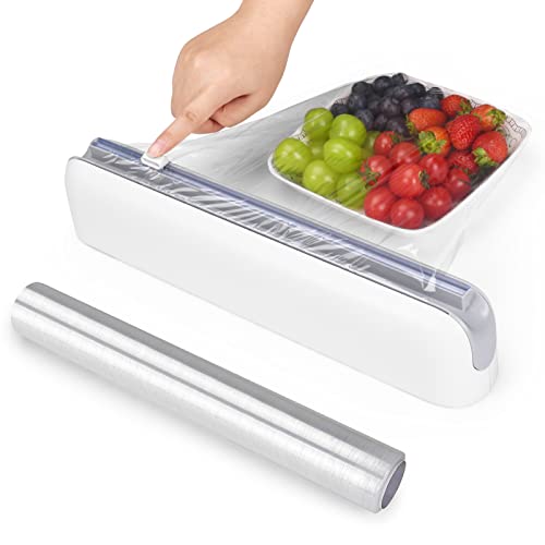 Plastic Wrap Dispenser with Cutter, Cling Wrap with Slide Cutter, Cling Film Cutter, Food Wrap Cutter with 12" x 250' Roll of Professional Plastic Wrap - Reusable Dispenser with Slide Cutter