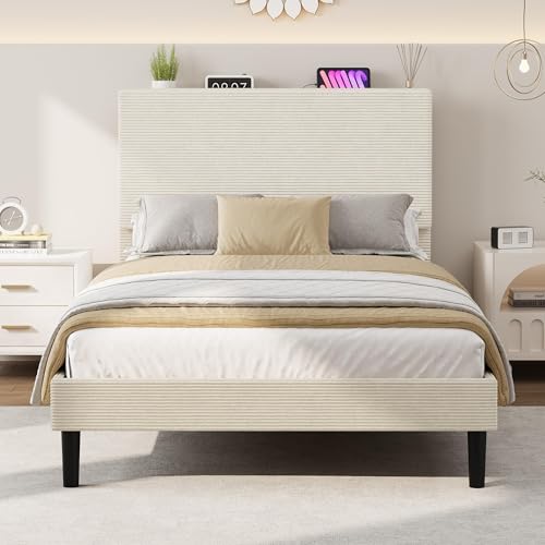 Image of GarveeLife Corduroy Upholstered Platform Bed Frame with USB Charging Station, Adjustable Storage Headboard, Wooden Slat Support, No Box Spring Needed, Easy Assembly,Twin Beige
