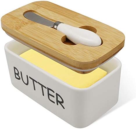Porcelain Butter Dish with Bamboo Lid and Knife Airtight Silicone Sealing Butter Container is Good for Kitchen, Baking and Gift