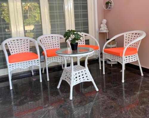 Image of India 4+1 Outdoor Indoor Patio Furniture Sets Rattan Chair Patio Set Conversation Set Bistro Set Chairs Balcony Rooftop Garden Furniture Chair with Cushion (White & Orange), 78 x 46 x 46 Cm