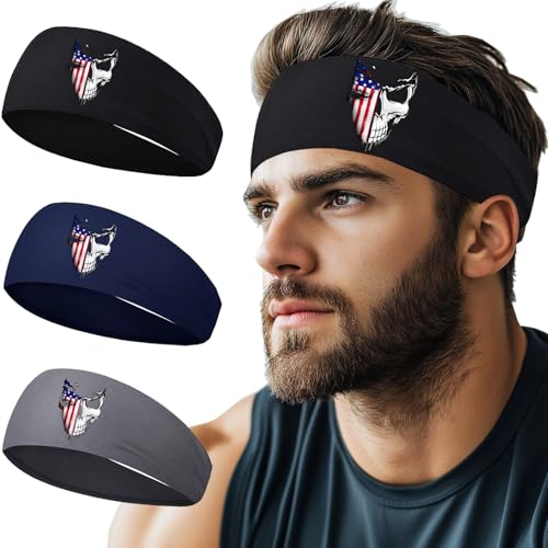 Image of 3pcs Sports Sweat Bands Headbands for Men Sweatbands Skull Workout Cooling Headbands for Men Women Running Headband Hairband Elastic Men's Head Sweat Band for Football