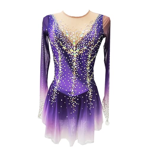Eiskunstlauf Kleid Für Damen Elastizität Professionelle Wettkampf Eislaufbekleidung Rollschuh Rock Für Mädchen Ballettkostüme Lila Daumenloch Halo Färbung Kristall Lange Ärmel,Lila,S