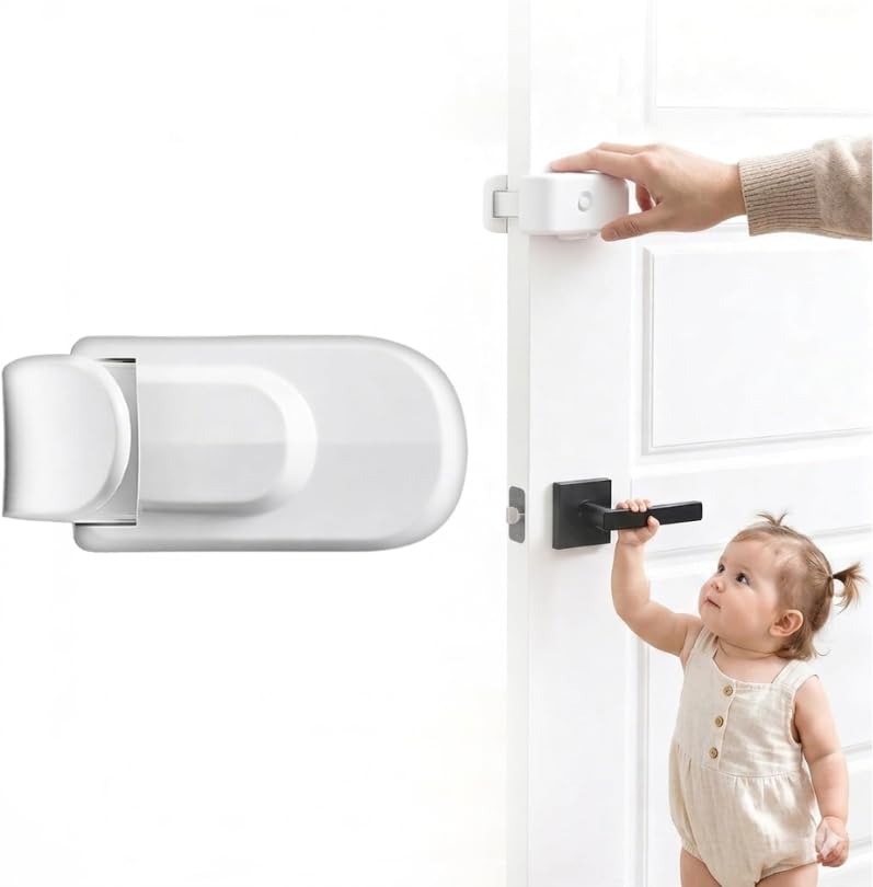 Cosblisvia child locks for kitchen cupboards, door lock without drilling And door latch, 1PC Door Hook For Parents, Renters, Travellers, Bedroom, Hotel, Dormitory, White