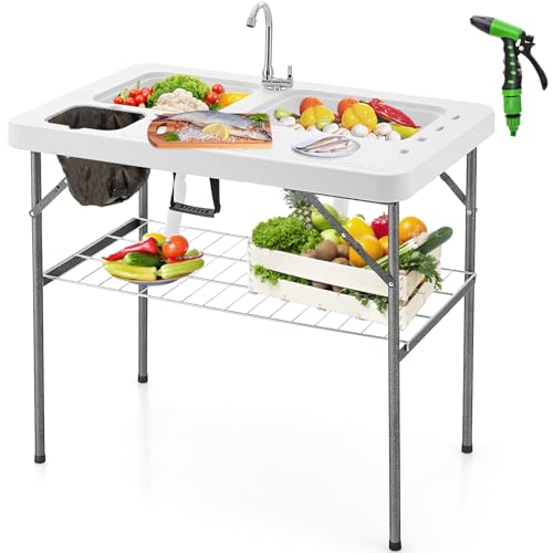 GYMAX Fish Cleaning Table with 2 Sinks