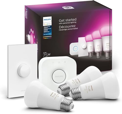 Philips Hue Smart Light Starter Kit - Includes (1) Bridge, (1) Smart Button and (3) Smart 75W A19 LED Bulbs - White and Color Ambiance - 1100LM - E26 - Control with Hue App or Voice Assistant by Philips Hue - Used condition - US$79.99