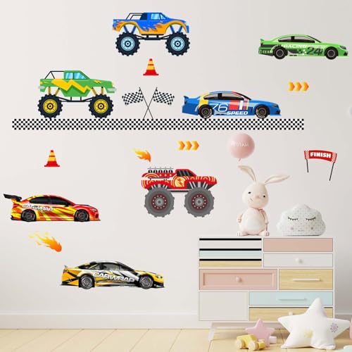 Amimagen Racing Cars Wall Stickers - Roads Vehicles Boys Wall Decals - Baby Nursery Kids Room Daycare Playroom Classroom Wall Decor