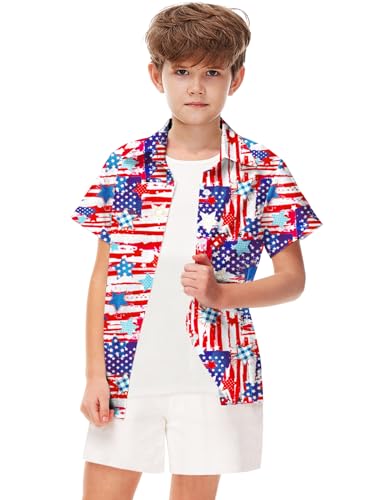 Image of Remimi Unisex Kids 4th of July Button Up Shirt Boys American Flag Print Hawaiian Beach Short Sleeve Tops 5-14 Years