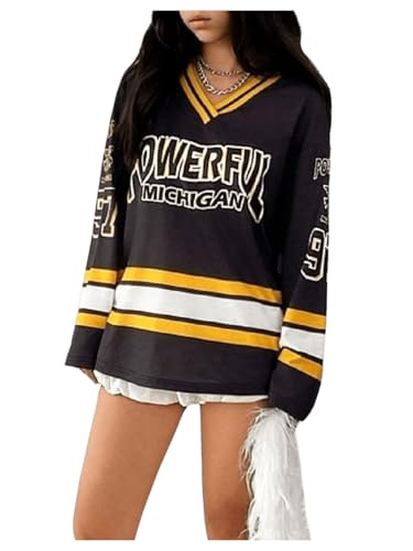 SweatyRocks Girl's Letter Graphic Jersery T Shirt Oversized Long Sleeve V Neck Striped Casual Tees Top