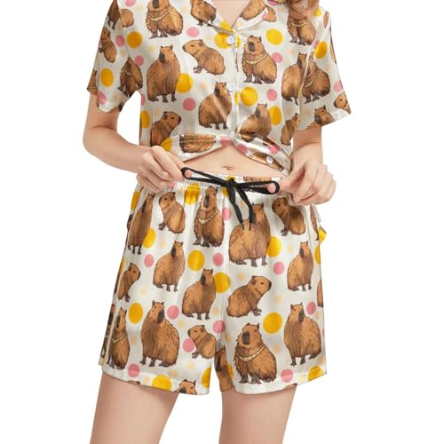 Image of Funny Satin Pajamas Set for Women Button Down Sleepwear Print Pjs Set 2 Piece Short Sleeve Loungewear Gift for Women
