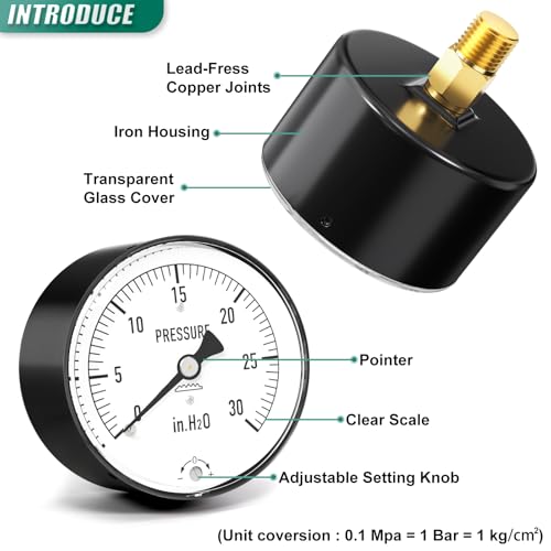 Image of 0-30 in H2O Diaphragm Type Capsule Low Pressure Gauge 2-1 /3 inch Dial Size, 1 /4 inch NPT Back Mount, Adjustable Water Column Gauge, for Pressure Testing with Air, Gas, Water, and Other Liquids