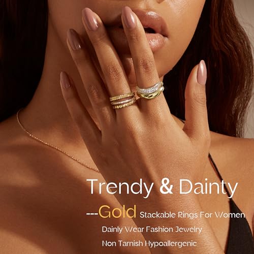 Florideco Gold Stackable Rings for Women Non Tarnish Dainty 14K Gold Plated Stacking Cubic Zirconia Thumb Ring Set Trendy Statement Chunky Band Rings Promise Engagement Rings Size 6-103