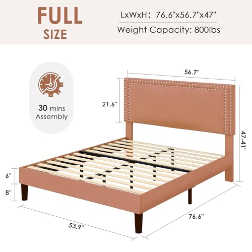 Image of VECELO Full Size Platform Bed Frame with Height Adjustable Upholstered Headboard, Modern Mattress Foundation,Strong Wood Slat Support, No Box Spring Needed, Easy Assembly,Brown