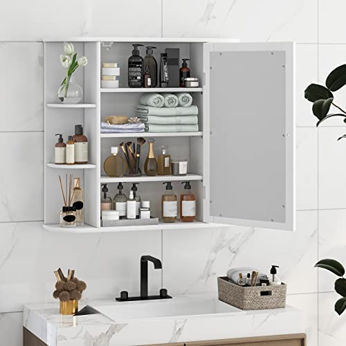 Tangkula TA-JV10446WH Bathroom Medicine Cabinet With Mirror, Wall Mounted Bathroom Storage Cabinet W/Mirror Door & 6 Open Shelves thumb #3