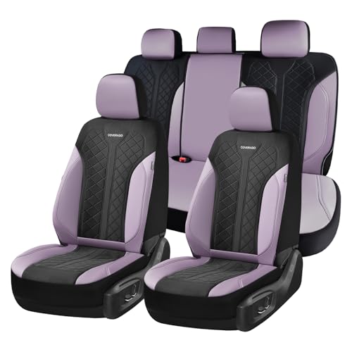 Coverado Seat Covers for Car 5 Seats, Leather Car Seat Covers Fullset, Breathable Mesh Front and Rear Protectors, Purple Luxury Automotive Covers, Universal Fit for SUV, Truck, Sedan