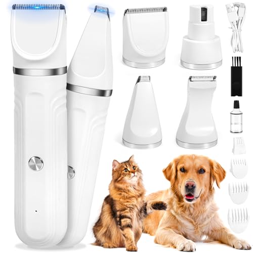 NXPZ 4 en 1 Kit de Corte para Mascotas, Cortapelos Silencioso para Mascotas, Incluye 4 Cabezales Multifunción, Carga Rápida USB-C, Adecuado para Patas, Ojos, Orejas y Cara de Gatos y Perros