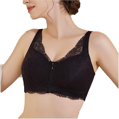 LRSSMB Sujetador De Mastectomía Postoperatoria For Mujer Con Cremallera Frontal De Encaje De Algodón Con Bolsillos For Uso Diario Bralette Con Almohadilla Extraíble Inalámbrica(Black,XL)