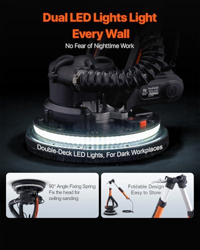 Image of VEVOR Wall Smoother, 900W Electric Tool with 12 Sanding Discs, 800 to 1800 RPM Speed, 3 Vacuum Hoses, Collapsible for Ceiling Use, Dual LED Lights, Telescoping Handle, and Built-in Dust Collector