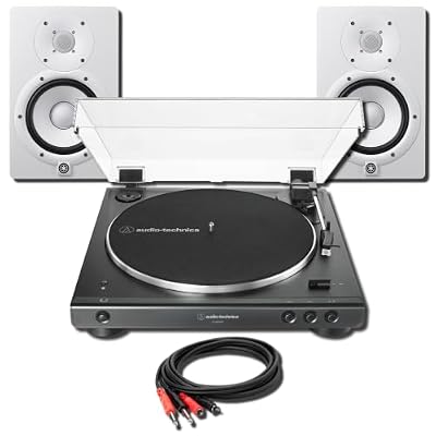 Audio-Technica AT-LP60XBT-BK Wireless Turntable Bundle with 2 Yamaha HS7 W White Monitors and RCA to 1/4-Inch Cable — Automatic Belt-Drive Record Player for Vinyl Listening, Home Hi-Fi, Apartments