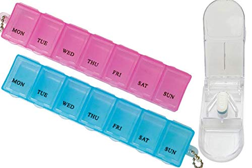 (2 Packs) Weekly Pill Container and Pill Cutter case for Medication Organizer- 7 Day Travel Pill sorter Vitamin, Large, Small Medication Dispenser with Cute Pill Splitter