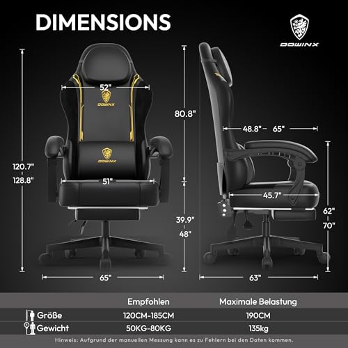 Image of Dowinx Gaming Chair, Office Chair, Gamer Chair, Ergonomic Gamer Chair with Footrest, Massage Gaming Chair, PU Leather, PC Chair, Widened Backrest, 150 kg, Yellow