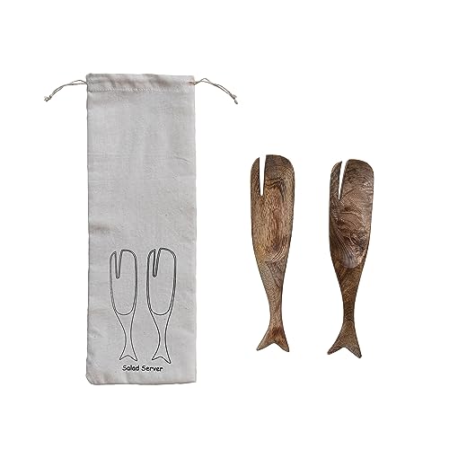 Creative Co-Op 9.75 Inches Mango Wood Whale Design Kitchen Printed Drawstring Bag, Natural, Set of 2 Salad Server