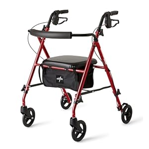 Medline Superlight Folding Aluminum Mobility Rollator Walker, Red, 250 lb. Weight Capacity, 6″ Wheels, Adjustable Arms and Seat, Foldable Rolling Walker for Seniors