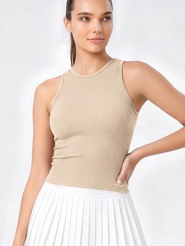 Image of ODODOS 3-Pack Seamless Crop Tank for Women Ribbed Soft High Neck Cropped Tops