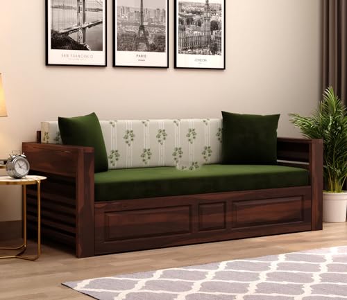 Image of Mamta Furniture Sheesham Wood Foster 3 Seater Sofa Cum Bed for Living Room Three Seater Sofa Bed for Home Sofa Com Bed Sheesham Wood |(Walnut Palm Leaf Stripes)