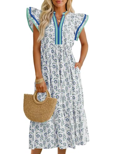 Image of Wenrine Womens Summer Floral Midi Dresses Cap Sleeve Striped Sundress