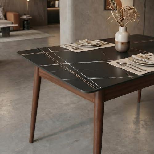 Image of Italiana 15mm Ultra-Slim Sintered Stone Dining Table - 140cm x 80cm Black Faux Marble Executive Table | Mohs 6+ Hardness Scratch-Resistant | Wooden Frame | Suitable for 4-6 Seater