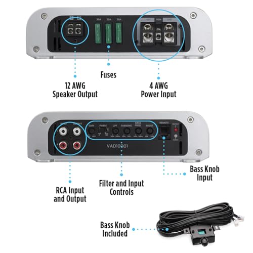 NVX VAD10001 v2 Model Monoblock Class D Amplifier 2000W Peak, 1000W RMS, 1/2/4-ohm Stable, Low Pass X-Over, Bass Boost, Remote Subwoofer Bass Knob, for Car/Truck/Marine/UTV/Motorcycle (VAD10001v2) - Image 3