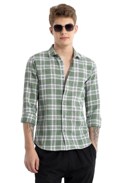 Image of Men's Cotton Casual Checked Classic Collar Slim Fit Shirt