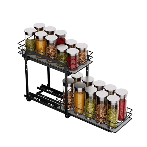 MAYZOLOP Porta Spezie Per Cucina, Nero Portaspezie Salvaspazio, Portaspezie Regolabili in Altezza Per L'interno Degli Armadietti, Organizzatore Per Armadietti Estraibili, P26.4*L12.6*H23.3cm