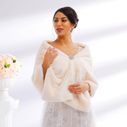 Ursumy Wedding Shawl Faux Fur Wraps Bridal Fur Stole Fur Scarf with Rhinestones Brooch for Bride and Bridesmaids (Beige)3