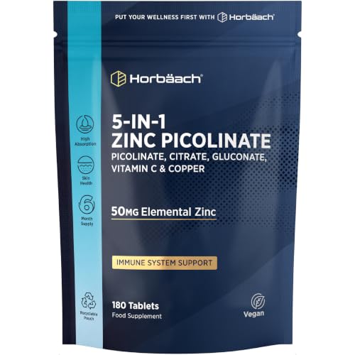 Zinc Supplements 50mg | 5-in-1 Zinc Picolinate Citrate and Gluconate + Vitamin C & Copper | High Absorption 6 Month Supply | 180 Tablets | 100% Vegan | by Horbaach