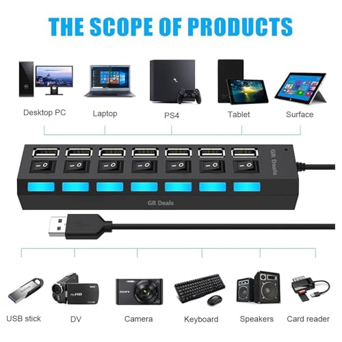 GR Deals USB Splitter Multi Port USB 2.0 HUB, 7 Port with Independent ON/Off Switch and LED Indicators USB A Port Data HUB, Suitable for PC... - Image 4