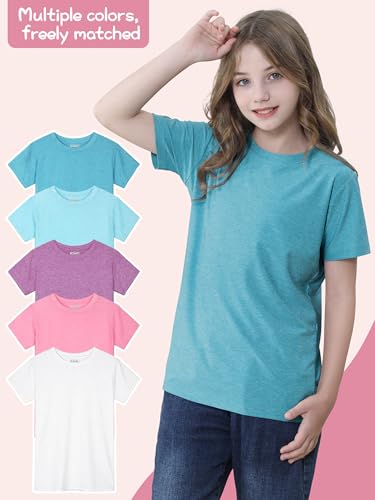 Image of QWE 5 Pack Girls Shirts Athletic Dry-Fit Shirts for Girls Short Sleeve Tshirts Kids Clothes Teens Tops