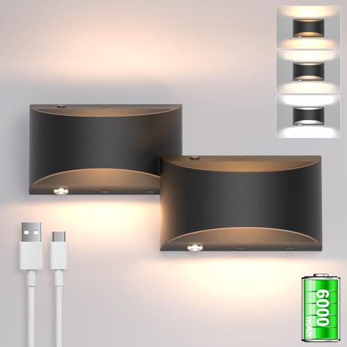 Image of Aipsun Black Battery Operated Wall Sconce 2 Packs, USB LED Rechargeable Wall Lights Fixtures, Indoor Mdern Dimmable Wall Light for Living Room, Bedroo,Hallway