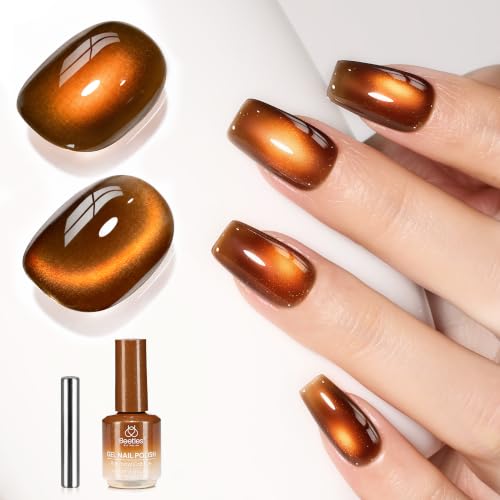 Image of Beetles Vintage Amber Cat Eye Gel Polish - Brown Gold Magnetic Nail Gel | 15ml Brown Cat Eye Gel Polish with Magnet, Amber Gold Magnetic Shimmer, Soak Off UV Cured Nail Gel, Color-Matched Bottle