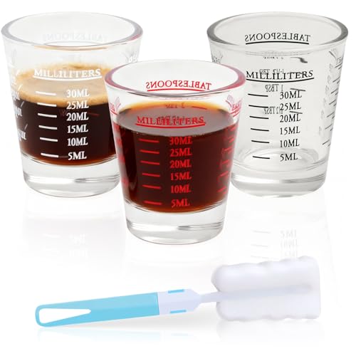 Mispudin 30ml Vaso Medidor de Chupitos 3er Set, Taza Medidora de Vidrio Pequeña con Escala, Cepillo, Vasos Medidores para Cócteles, Tequila, Vodka, Café, Espresso (Negro, Blanco, Rojo)